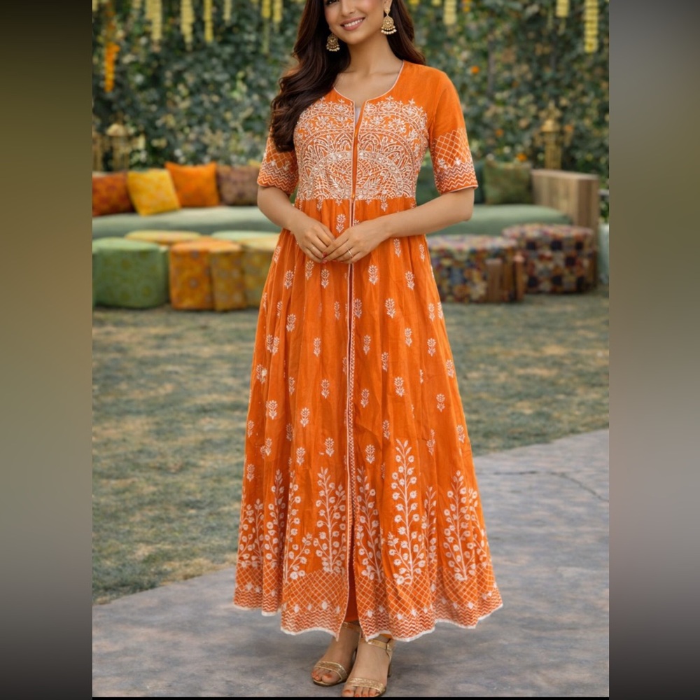 Once used Biba Orange and White Embroidered Kurta